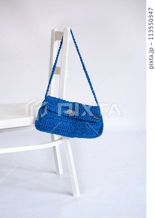 Bright Blue Crocheted Clutch with Floral Accent with unbranded text Handmade on the tag 113550347