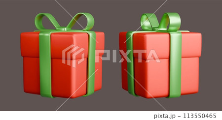 Red gift boxes with green ribbons, realistic 3d boxes with bows. Surprise Christmas gifts isolated on dark background. 113550465