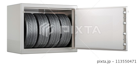 Car wheels inside safe with combination lock, 3D rendering Car wheels inside safe with combination lock, 3D rendering 113550471