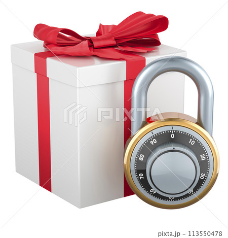 Gift box with padlock, 3D rendering Gift box with padlock, 3D rendering 113550478
