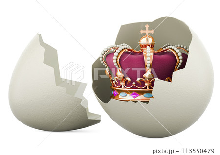 Golden royal crown inside broken chicken egg, 3D rendering Golden royal crown inside broken chicken egg, 3D rendering 113550479