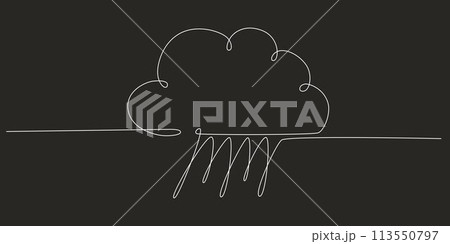 Rain and cloud - hand drawing one single continuous line banner. Vector stock illustration isolated on black background for design template weather forecast, travel blog. Editable stroke. EPS10 113550797