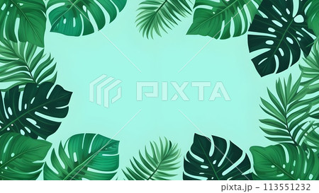 Trendy tropical design with lush green leaves and exotic foliage. This vibrant summer-inspired 113551232