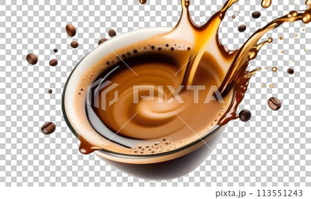 A brown liquid pours into a cup, creating a splash against a white background. This enticing 113551243