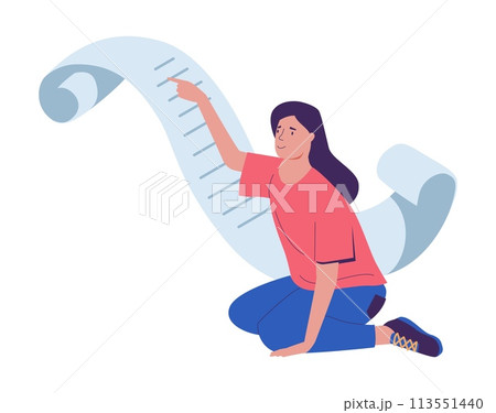 Creative people. Woman with paper scroll. Person reads document. Writing novel. Literature author. Copywriter or book editor. Contract signature. Student with curled page. Vector concept 113551440