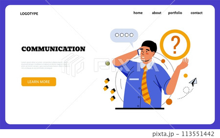 Business communication landing page. Businessman calling phone for ask question. Online consultation. Feedback connection. Internet chat. Website interface template. Vector background 113551442
