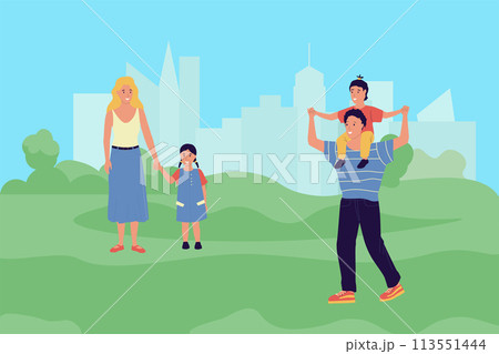 Parents and kids. Cartoon people walking with happy children. Family outdoor leisure. Stroll in meadow. Joyful mother and father together with babies. City park. Vector illustration 113551444