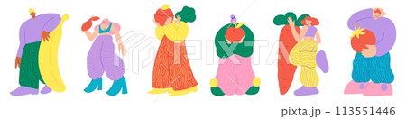 People hold food. Foodie persons. Happy female carrying big vegan meal products. Male eating carrot and banana. Huge tomato. Fresh vegetables or fruits. Vector healthy characters set People hold food. Foodie persons. Happy female carrying big vegan meal products. Male eating carrot and banana. Huge tomato. Fresh vegetables or fruits. Vector healthy characters set 113551446