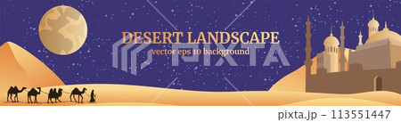 Desert landscape. Arabian old city. Muslim mosque. Bedouins camel caravan. Moon light. Starry sky. Sand hills. Sahara dunes. Egyptian panorama. Night scenery. Vector horizontal banner 113551447