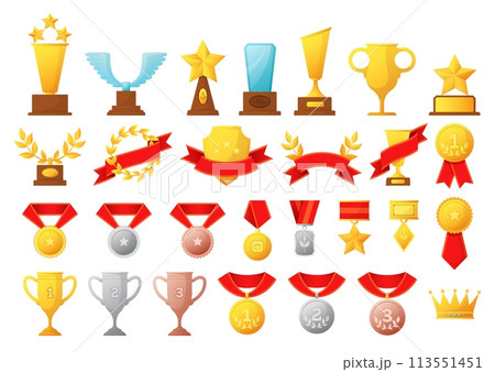 Winner trophy. Golden and glass cups, medals with red ribbons and badges. First and second place. Competition champ achievement set. Victory triumph icons. Vector flat isolated illustration Winner trophy. Golden and glass cups, medals with red ribbons and badges. First and second place. Competition champ achievement set. Victory triumph icons. Vector flat isolated illustration 113551451