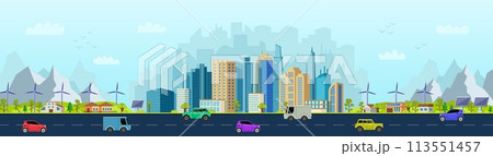 City buildings. Street landscape. Business offices. Skyline panorama. Car on road. Windmills and solar panels. Urban highway. Skyscrapers or village houses. Vector cityscape background 113551457