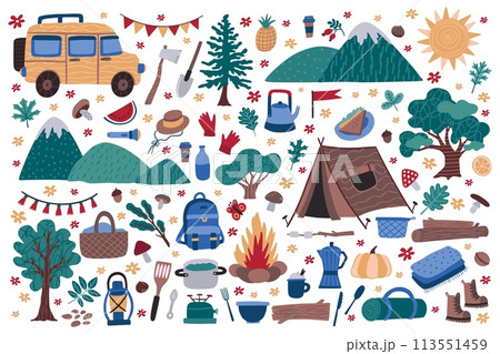 Travel icons. Summer car, tree and mountains, picnic in forest or park. Sun flowers and mushrooms, cute nature holidays, simple spring elements. Hiking and camping equipment. Vector cartoon set Travel icons. Summer car, tree and mountains, picnic in forest or park. Sun flowers and mushrooms, cute nature holidays, simple spring elements. Hiking and camping equipment. Vector cartoon set 113551459