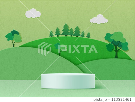 Paper background. Podium on green 3d hill background, cut platform for eco products in abstract mountains, organic display. Cute forest and clouds. Minimal style product showcase. Vector art 113551461