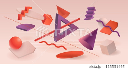 Abstract 3D elements. Geometric colorful art composition with bright circles and cubes. Minimal figures. Spheres and pyramids. Flying triangles. Vector design graphic shapes background 113551465