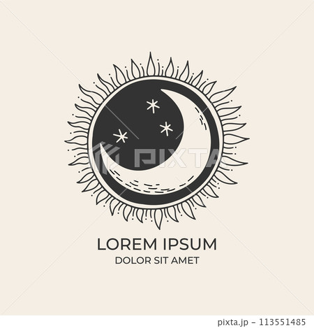 Crescent moon and sun black and white Crescent moon and sun black and white 113551485