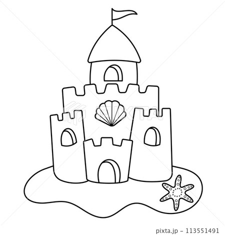 Summer Sand Castle outline Doodle illustration on white background for colouring pages 113551491
