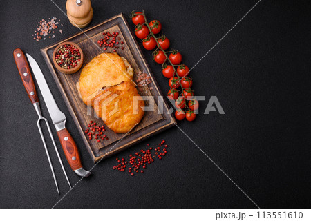 Delicious meat fried with Dijon mustard with salt, spices and herbs 113551610