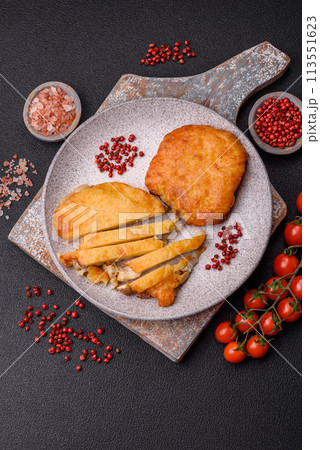 Delicious meat fried with Dijon mustard with salt, spices and herbs 113551623