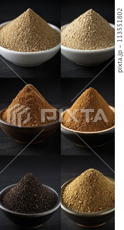 Celery seed powder on a black background. 113551802