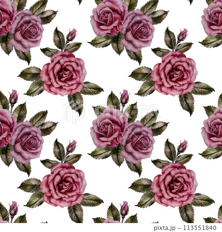 Seamless floral pattern of pink powder roses as watercolor illustration in vintage style for wedding, birthday, valentine's day, mother's day, textile, bedding, packaging, scrapbooking, wrapping, card 113551840