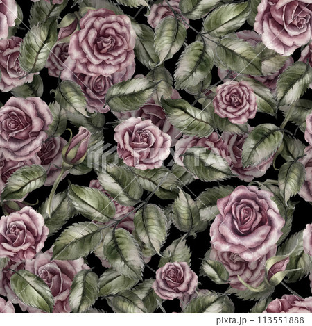 Seamless floral pattern of pink powder roses as watercolor illustration in vintage style for wedding, birthday, valentine's day, mother's day, textile, bedding, packaging, scrapbooking, wrapping, card Seamless floral pattern of pink powder roses as watercolor illustration in vintage style for wedding, birthday, valentine's day, mother's day, textile, bedding, packaging, scrapbooking, wrapping, card 113551888