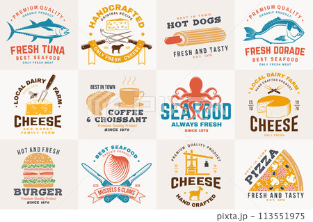 Set of cheese family farm, seafood and fast food retro badge. Vector. For seafood emblem, sign, patch, shirt, menu restaurants with cheese, tuna, trout, shrimp, octopus crab mussels and clams, hotdog Set of cheese family farm, seafood and fast food retro badge. Vector. For seafood emblem, sign, patch, shirt, menu restaurants with cheese, tuna, trout, shrimp, octopus crab mussels and clams, hotdog 113551975