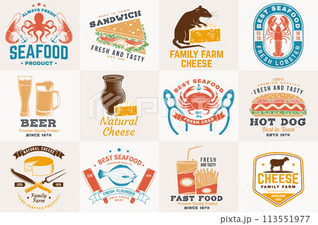 Set of cheese family farm, seafood and fast food retro badge. Vector. For seafood emblem, sign, patch, shirt, menu restaurants with cheese, tuna, trout, shrimp, octopus crab mussels and clams, hotdog 113551977