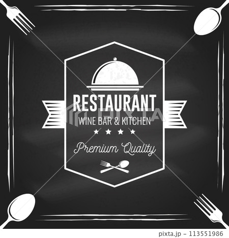 Restaurant shop, menu on the chalkboard. Vector Illustration. Vintage graphic design for logotype, label, badge with cloche with lid, fork and knife. Cooking, cuisine logo for menu restaurant or cafe. Restaurant shop, menu on the chalkboard. Vector Illustration. Vintage graphic design for logotype, label, badge with cloche with lid, fork and knife. Cooking, cuisine logo for menu restaurant or cafe. 113551986