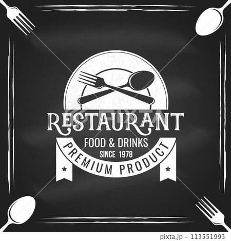 Restaurant shop, menu on the chalkboard. Vector Illustration. Vintage graphic design for logotype, label, badge with empty plate, fork and spoon. Cooking, cuisine logo for menu restaurant or cafe. Restaurant shop, menu on the chalkboard. Vector Illustration. Vintage graphic design for logotype, label, badge with empty plate, fork and spoon. Cooking, cuisine logo for menu restaurant or cafe. 113551993