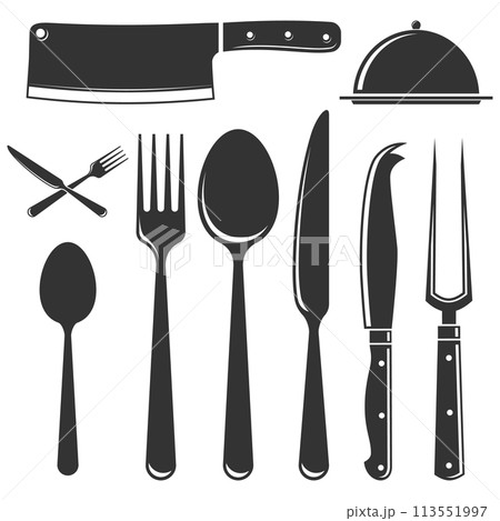 Set of cutlery icons silhouettes. Spoon, forks, knife, cloche with lid. Graphic with knives, forks, and spoons used for eating or serving food for restaurant business concept. Vector illustration 113551997