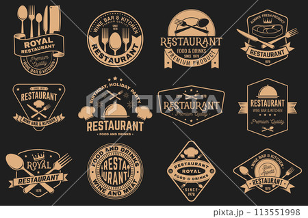 Set of Restaurant logo. Vector Illustration. Vintage graphic design for logotype, label, badge with plate, steak, cloche with lid, fork and knife. Cooking, cuisine logo for menu restaurant or cafe. 113551998