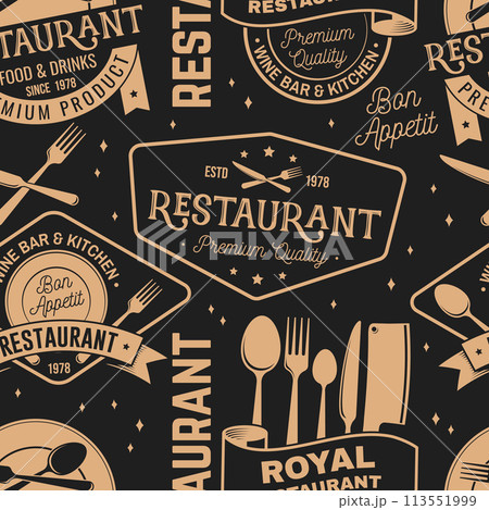 Restaurant seamless pattern or background. Vector Illustration. Fabric, textile, wallaper with plate, cloche with lid, fork and knife. Restaurant seamless pattern or background. Vector Illustration. Fabric, textile, wallaper with plate, cloche with lid, fork and knife. 113551999