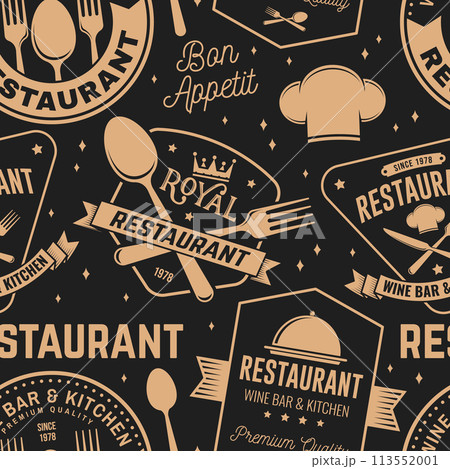 Restaurant seamless pattern or background. Vector Illustration. Fabric, textile, wallaper with plate, cloche with lid, fork and knife. 113552001