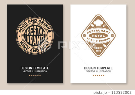 Restaurant poster design. Vector Illustration. Vintage graphic design for logotype, label, badge with chef hat, fork and knife. Cooking, cuisine logo for menu restaurant or cafe. 113552002