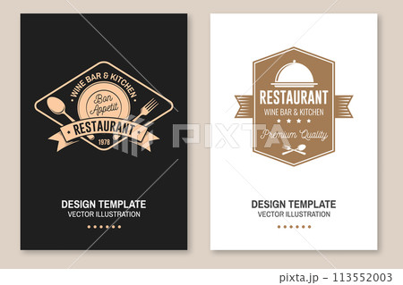 Restaurant poster design. Vector Illustration. Vintage graphic design for logotype, label, badge with steak, fork and knife. Cooking, cuisine logo for menu restaurant or cafe. 113552003