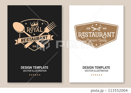 Royal Restaurant poster design. Vector Illustration. Vintage graphic design for logotype, label, badge with crown, plate, kitchen knife, fork and spoon. Cooking, cuisine logo for menu restaurant or Royal Restaurant poster design. Vector Illustration. Vintage graphic design for logotype, label, badge with crown, plate, kitchen knife, fork and spoon. Cooking, cuisine logo for menu restaurant or 113552004
