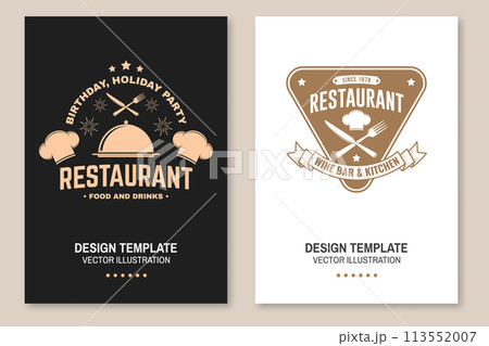 Restaurant poster design. Vector Illustration. Vintage graphic design for logotype, label, badge with chef hat, fork and knife. Cooking, cuisine logo for menu restaurant or cafe. Restaurant poster design. Vector Illustration. Vintage graphic design for logotype, label, badge with chef hat, fork and knife. Cooking, cuisine logo for menu restaurant or cafe. 113552007