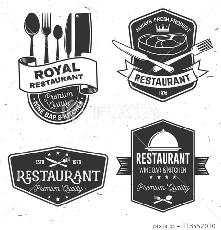 Set of Restaurant shop, menu logo. Vector Illustration. Vintage graphic design for logotype, label, badge with plate, steak, cloche with lid, fork and knife. Cooking, cuisine logo for menu restaurant 113552010