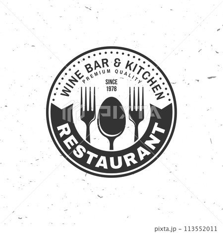 Royal Restaurant shop, menu logo. Vector Illustration. Vintage graphic design for logotype, label, badge with plate, fork and spoon. Cooking, cuisine logo for menu restaurant or cafe. 113552011