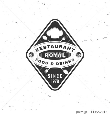 Restaurant shop, menu logo. Vector Illustration. Vintage graphic design for logotype, label, badge with chef hat, fork and knife. Cooking, cuisine logo for menu restaurant or cafe. 113552012