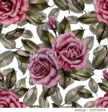 Seamless floral pattern of pink powder roses as watercolor illustration in vintage style for wedding, birthday, valentine's day, mother's day, textile, bedding, packaging, scrapbooking, wrapping, card 113552058
