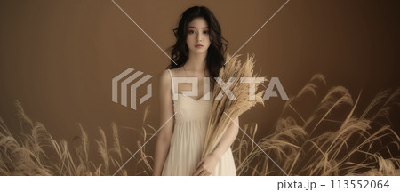 稲穂に囲まれた黒髪の美しい女性 稲穂に囲まれた黒髪の美しい女性 113552064