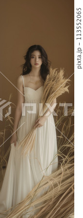 稲穂を持つ黒髪の美しい女性、収穫のイメージ 稲穂を持つ黒髪の美しい女性、収穫のイメージ 113552065