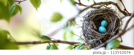 小枝の上の小鳥の巣と卵 113552074