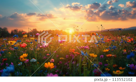 Field of Flowers With Sunset in the Background Field of Flowers With Sunset in the Background 113552102