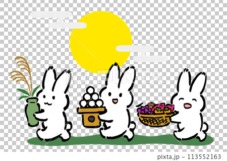 お月見の準備をする3羽のうさぎのイラスト　満月背景あり 113552163