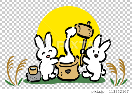 お月見に備えて餅つきをする2羽のうさぎのイラスト　満月背景あり 113552167
