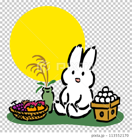 お供えを飾りお月見をするうさぎのイラスト 満月背景あり お供えを飾りお月見をするうさぎのイラスト 満月背景あり 113552170