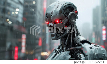 Futuristic Robotic Entity Surveying a Rain-Drenched Cityscape at Night Futuristic Robotic Entity Surveying a Rain-Drenched Cityscape at Night 113552251