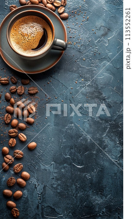 A Cup of Coffee Surrounded by Coffee Beans 113552261
